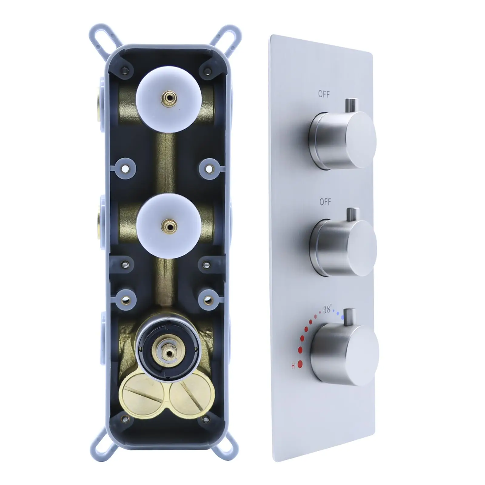 

Brushed Nickel Brass Thermostatic Shower Valve Kit 3 Handle 2 Functions Flow Control With Ceramic Core Soft Rain Spray Patterns