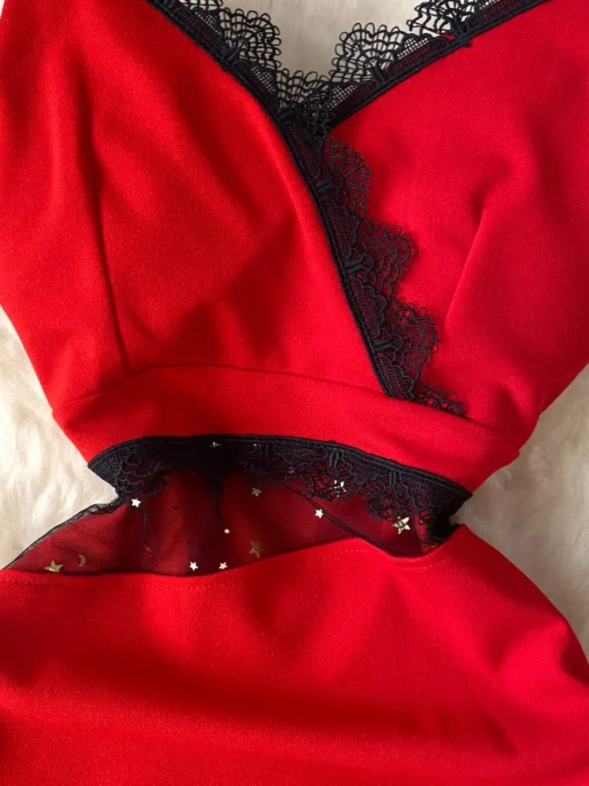 ssTss Women's Lace Trim V-Neck Spaghetti Strap Dress Sheer Mesh High Waist Mini Bodycon Dress for Party Club