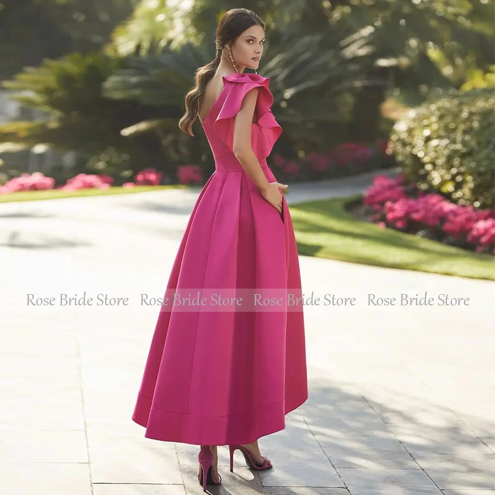 Hot Pink Prom Dress Asymmetrical One Shoulder A Line Satin  Gowns with Pockets Hihg-Low Ruffle Women\'s Party Dresses 2023