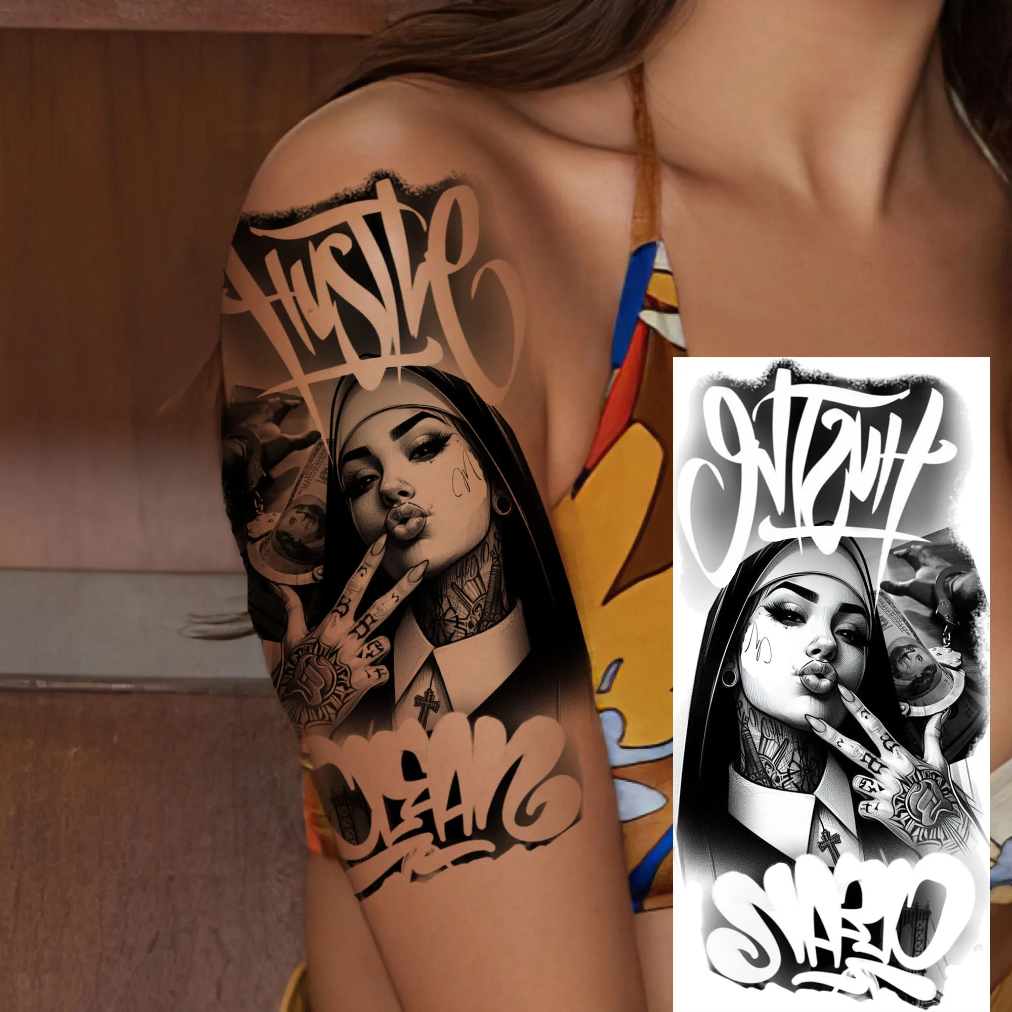 1 Sheet Trendy Nun Girls Rebel Temporary Tattoos For Men Women Realistic Fake Tattoos Waterproof Long Lasting Arm Tatoo Sticker