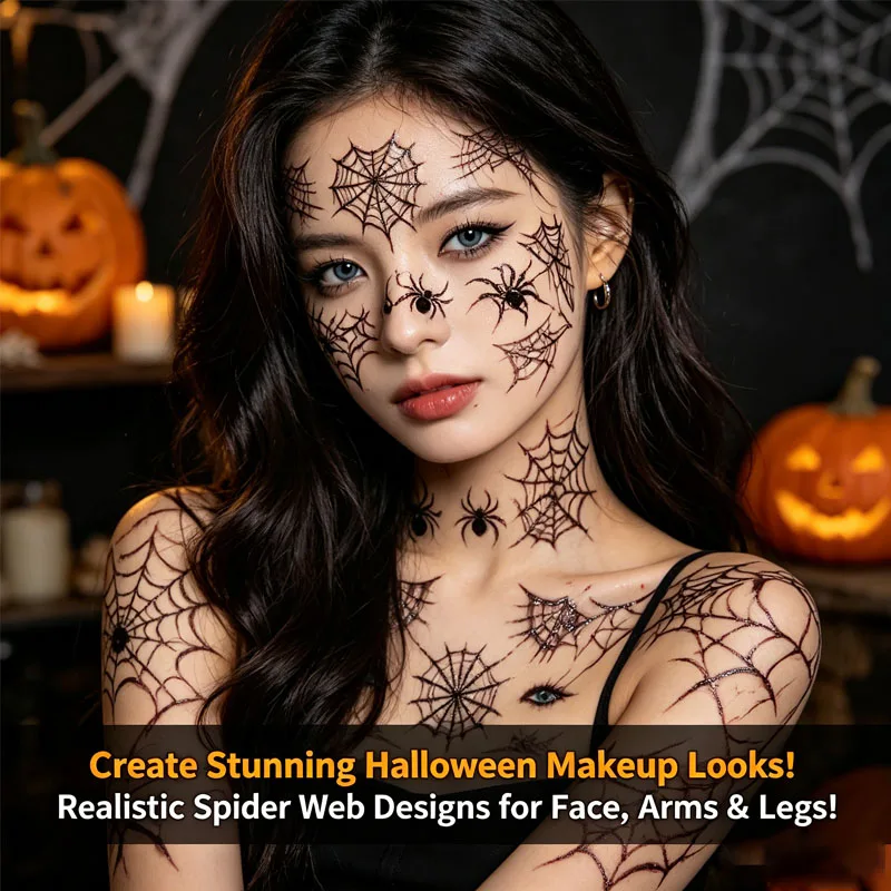 10-40PCS Fake Spider Tattoo Stickers Spider Web Temporary for Women Men Eyebrow Face Makeup Halloween Party Decoration - view 5