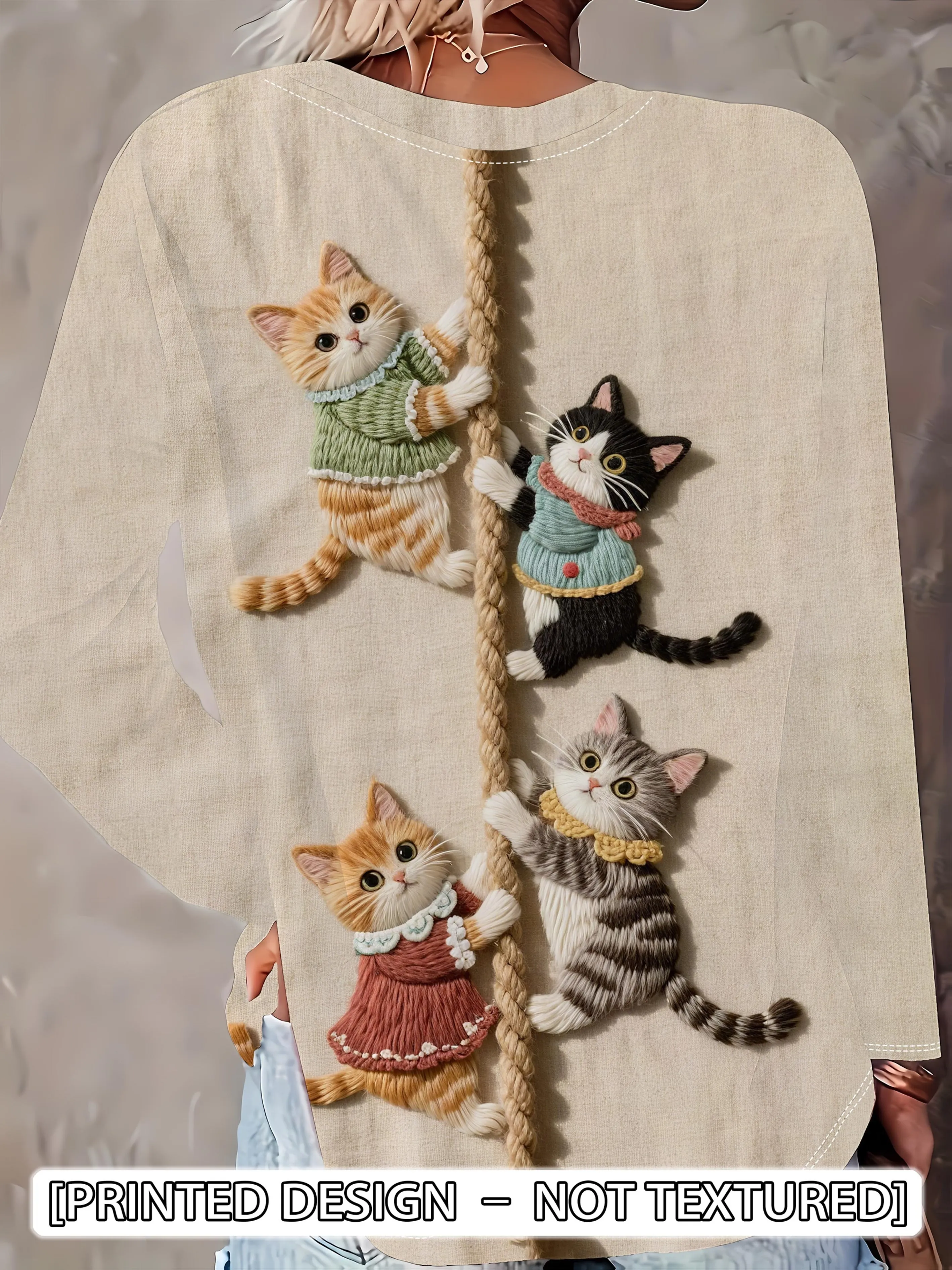Women Crew Neck Long Sleeve T‑Shirt Cute Kitten Cat Climbing Rope Faux Embroidery Print Casual Loose Fit Ladies Daily Tops - view 5