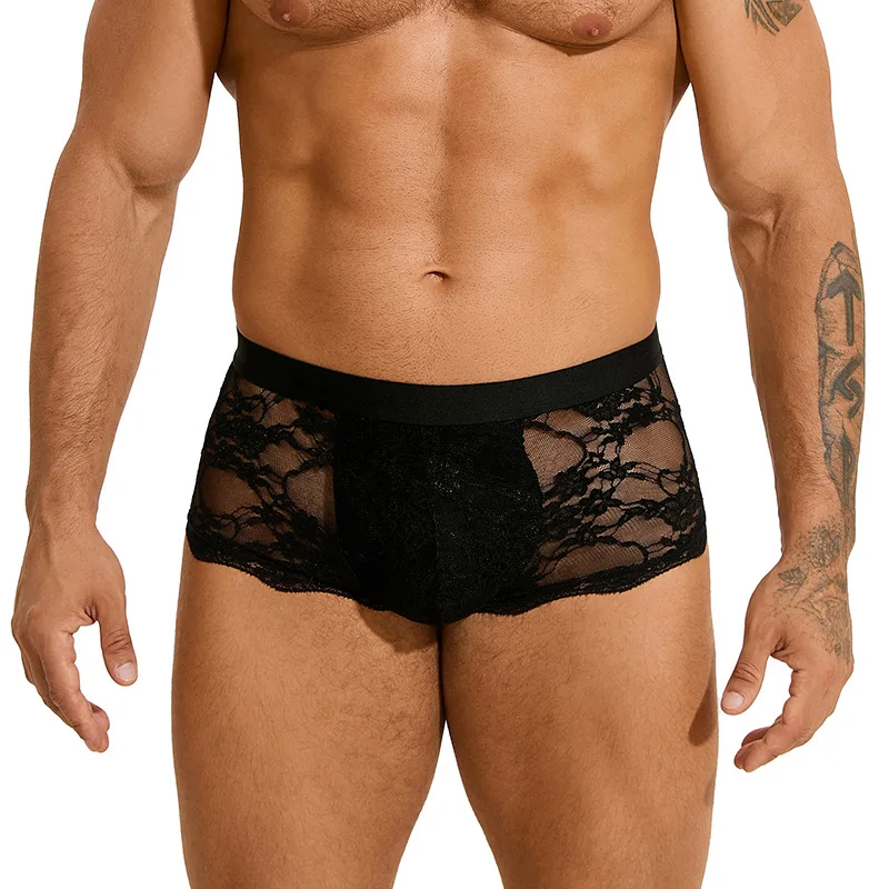 Sexy Mens Boxers Lace Transparent Mesh Underwear Underpants See Through Boxer shorts Low Waist Panties Boxer for Man
