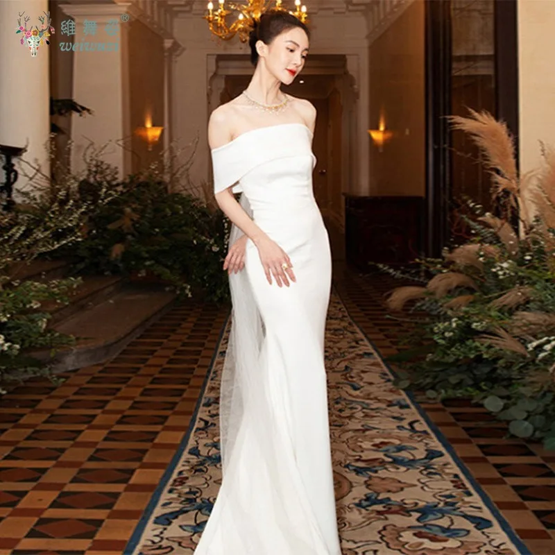 

Korean Style Simple Satin Wedding Bridesmaid Dress Elegant One Necked Shoulder Cinched Waist Birthday Party Evening Dress