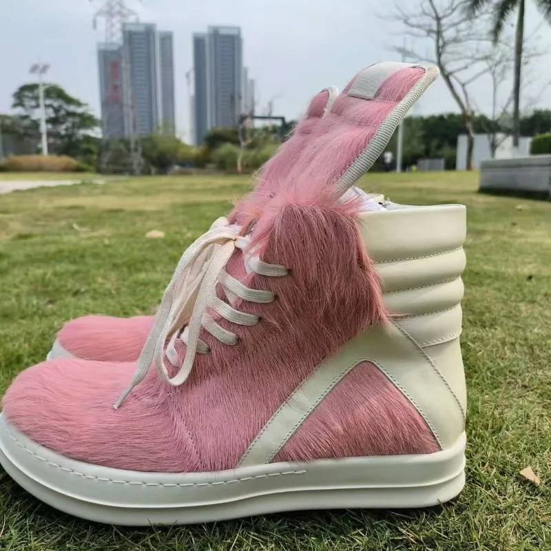 New Pink High-top Sneakers for Women, European and American Trendy Thick-soled Lace-up Casual Shoes for Couples