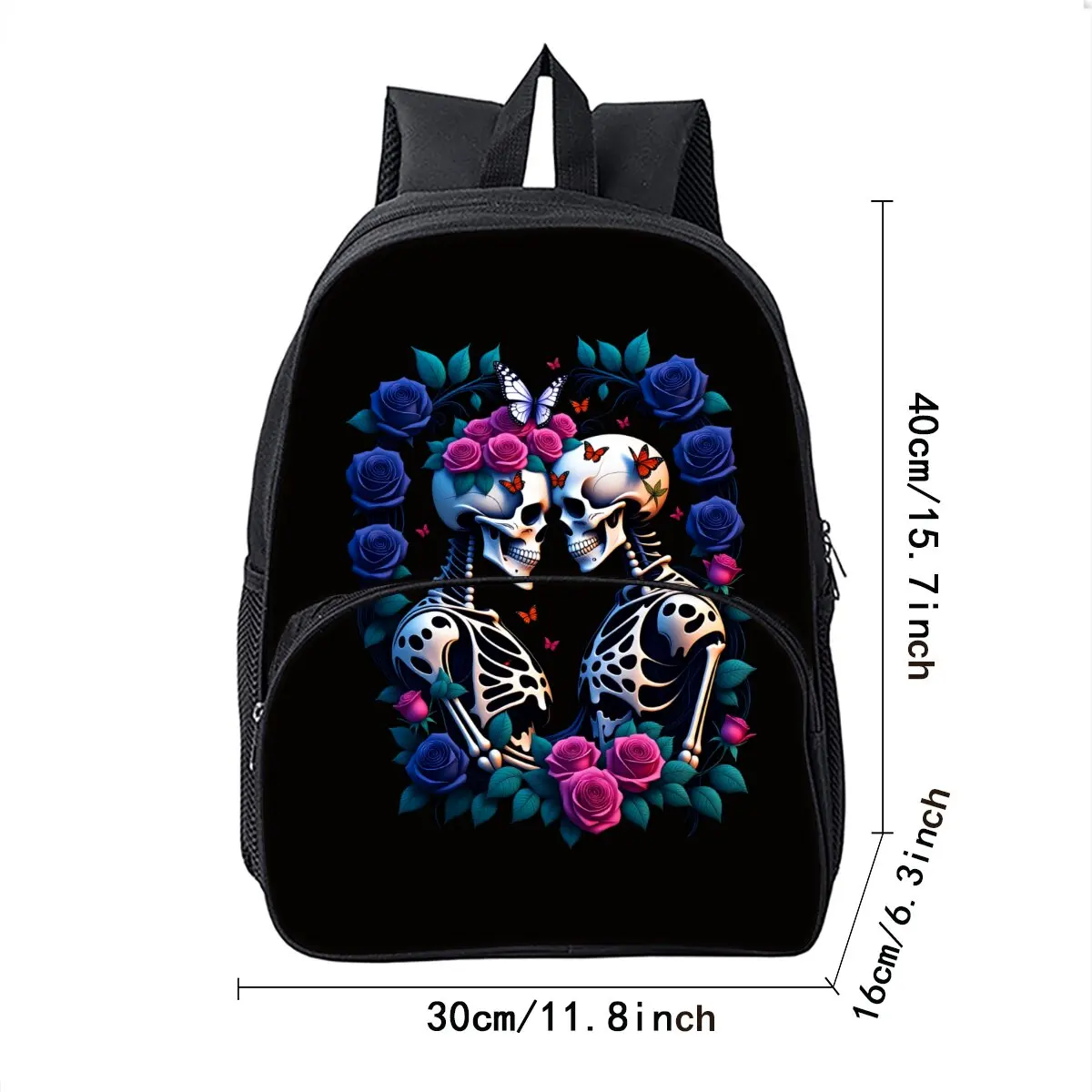 Skull Flower Print School Backpack for Boys/Girls Best Gift Waterproof 2D Flat Cartoon Round Front Pocket Bag for Children