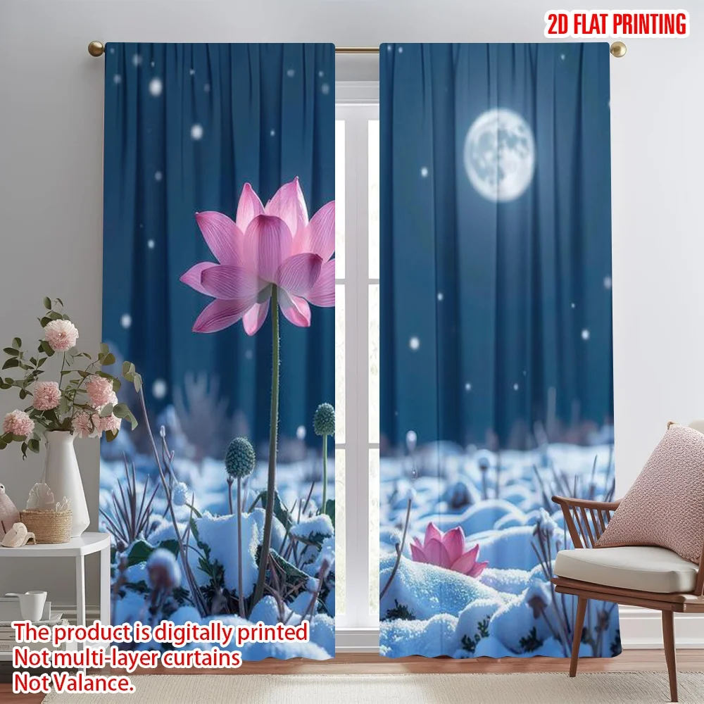 

2D flat printing 2pcs Window Curtains Moonlit Lotus in Snow Digital Printed Polyester Drapes Birthday Party for Festive