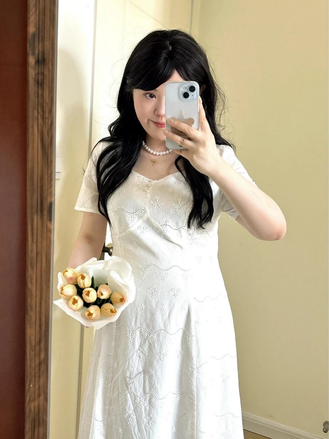

Summer New plus Size Dress Gentle Beautiful Korean Style White Dress for Plump M Short Sleeve Long Dress A-Line Skirt