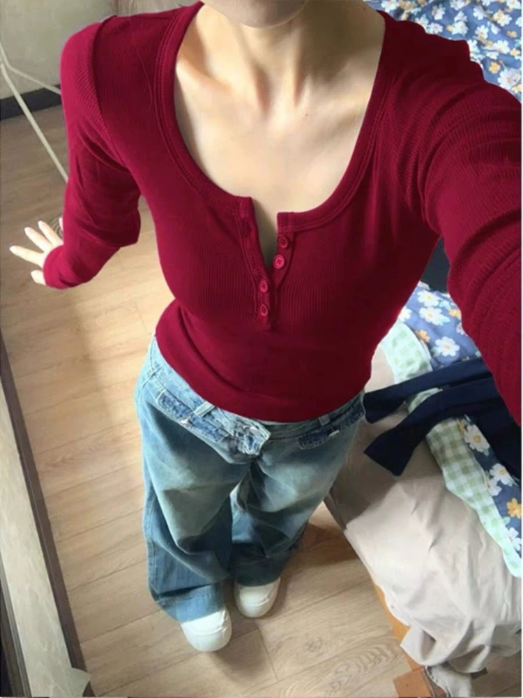 Festive Long Sleeve U Neck Casual Undershirt Ins Chic Slim Minority Exquisite Crop Top Vintage Hop Trendy Moda Mujer