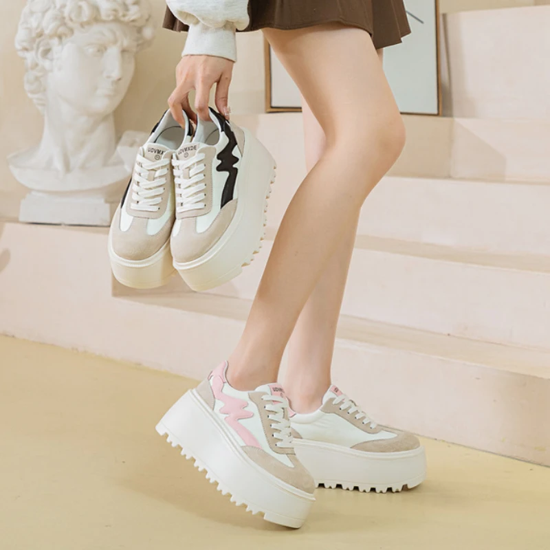 Fujin 8cm Synthetic Women Chunky Sneakers Fashion Autumn Spring Shoes Cloth Pigskin Casual Platform Wedge Pumps Genuine Leather