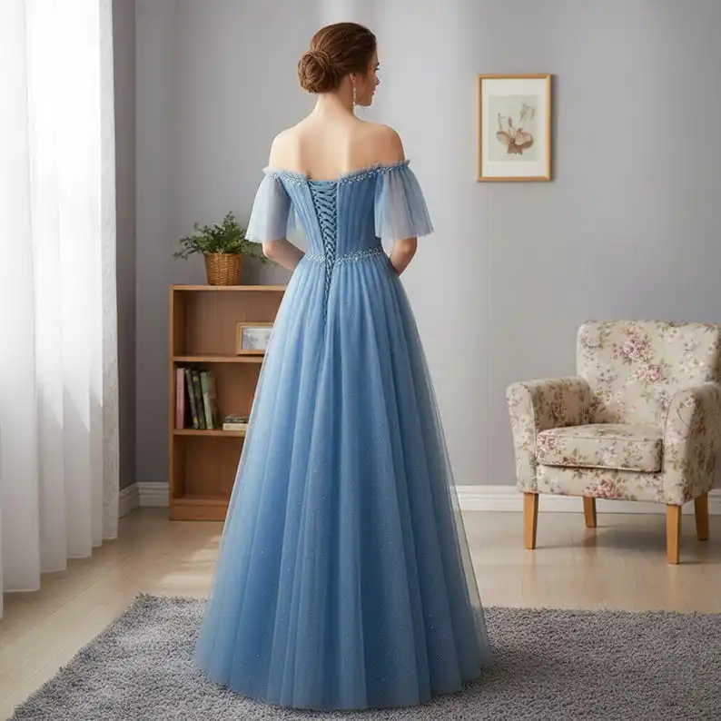 Blaues schulterfreies Ballkleid, Abendkleider, Cocktailkleid, Weihnachtskleider, formelles Ballkleid, Prinzessinnenkleid, Tüll-Ballkleider