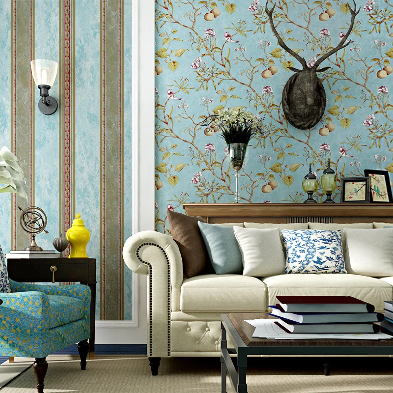 American Country Style Non Woven Fabric Wallpaper Vintage AB Version Apple Tree Floral and Bird Pattern for Bedroom Living Room