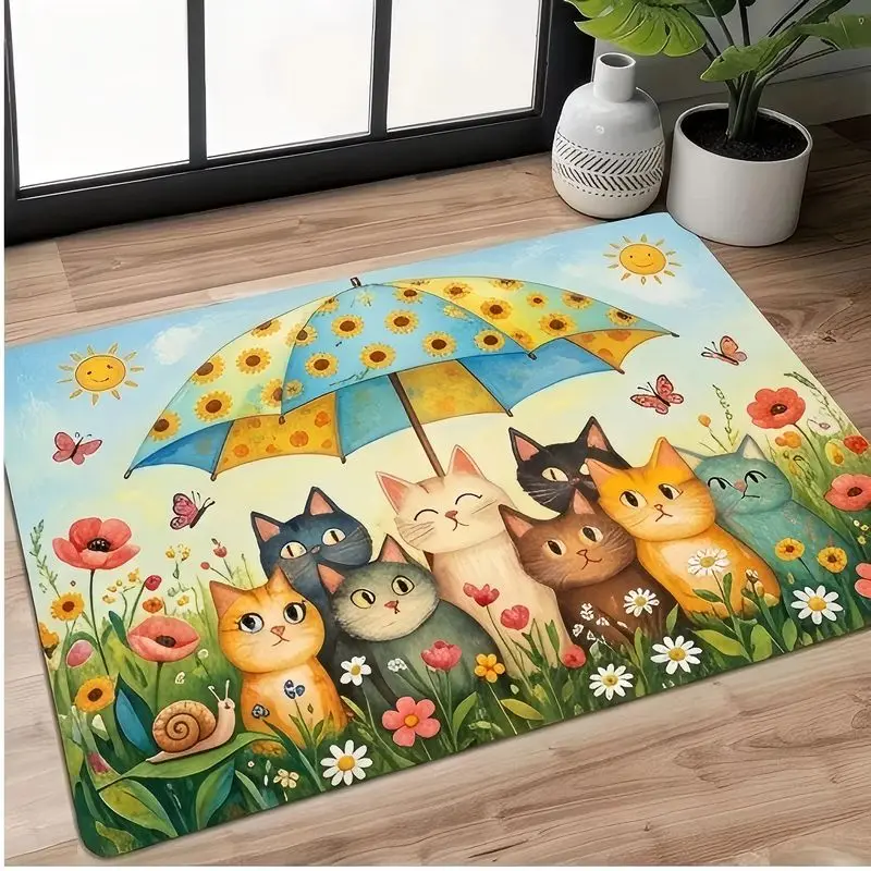 VIKAMA Cute Cats With Umbrella Floor Mat Rainy City Cartoon Non Slip Doormat Soft Absorbent Rug For Bedroom Bathroom Home Decor