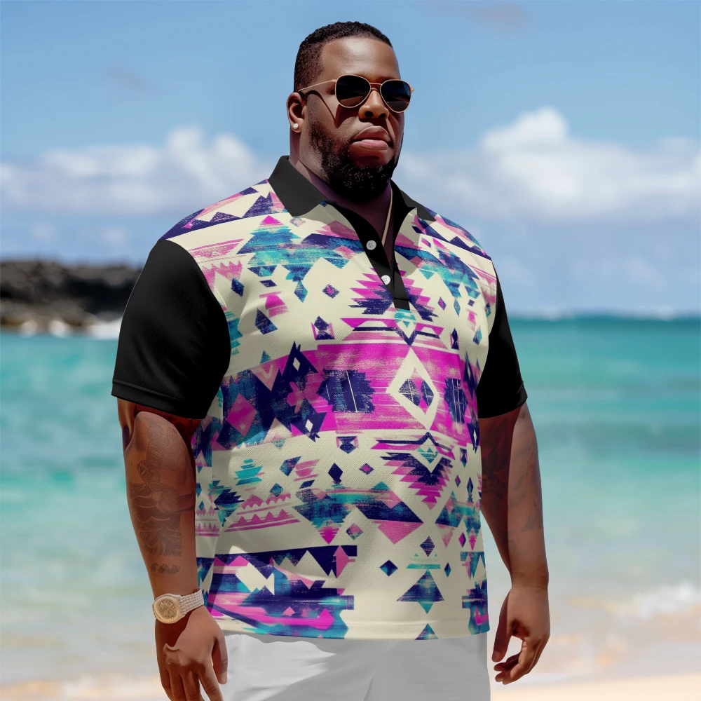 

1 men's plus size polo shirt with summer retro purple blue print casual collar button suitable for shopping and golf