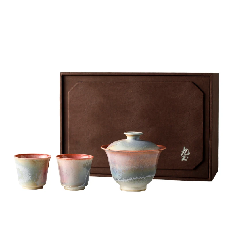 Wabi‑Sabi Style Handmade Kiln‑Changed Ceramic Gaiwan Kung Fu Tea Set, Premium Brewing & Tasting Cups, Gift Box Present TZR0144