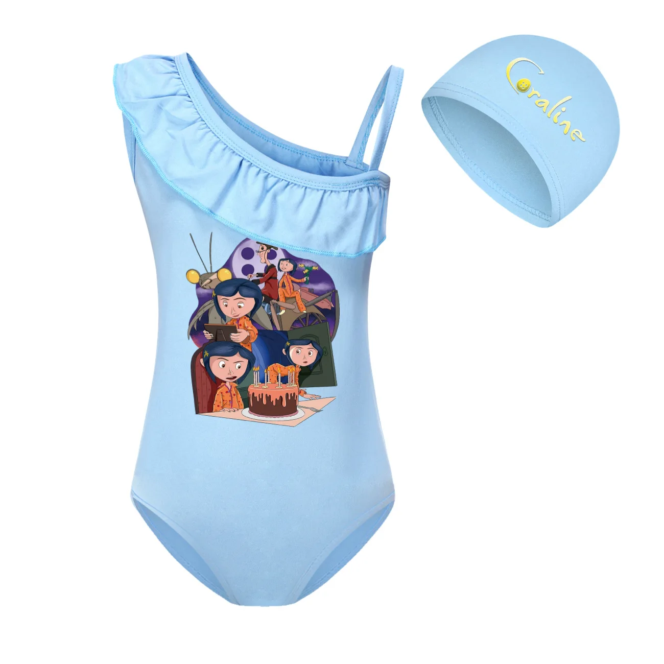 Coraline Swimwear Kids One Piece Beach Wear Child Baby Cute Backless Swimming Toddler Girls Cartoon Swimsuit+cap 2pcs Sets3060 image 4