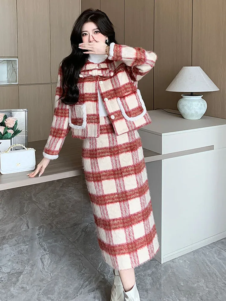 New Year Soft Plaid Tweed Party Two Piece Set Elegant Women Single Breasted Short Jacket Coat + Bodycon Midi Skirt Woolen Suits