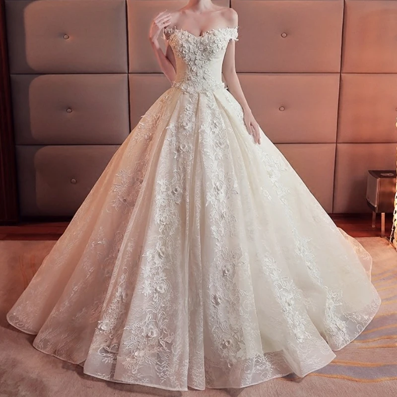 

Elegant Princess Women Wedding Dresses Ball Gown Off Shoulder Flower Applique Lace Up Bride Bridal Dress Vestido De Noiva Robe