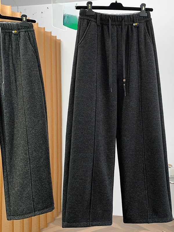 Authentic 2026 Bent Knife Pants Casual Trousers Women's Winter Straight Leg Elastic Waist Belted Trousers High Waist Wide Leg