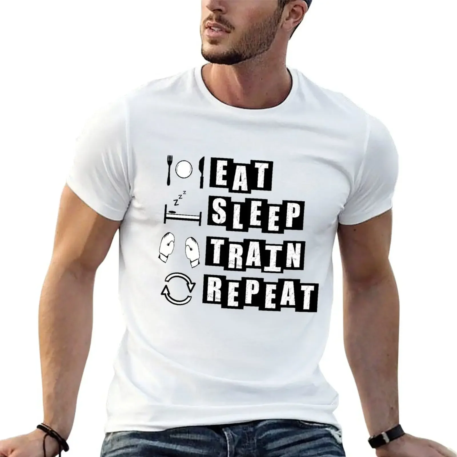 

Eat, Sleep, Train, Repeat for Boxing - white T-shirt for a boy customs sports fans vintage t shirts for men pack