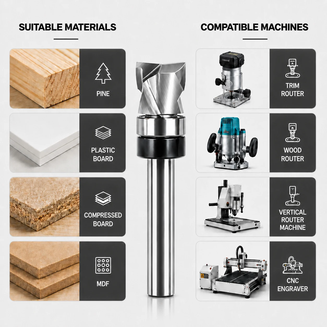 Solid Carbide Spiral Bearing Flush Trim Router Bit 1/4