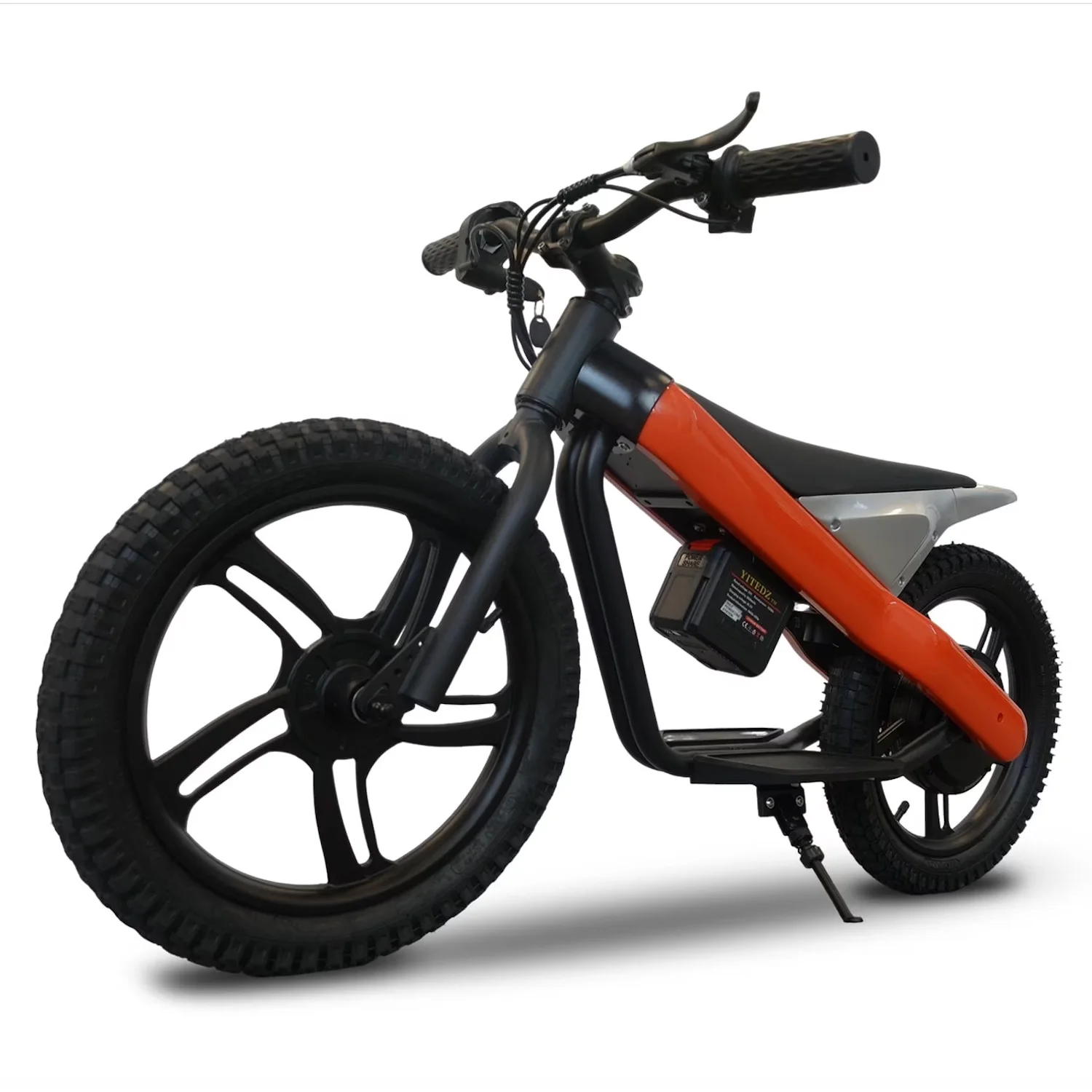 มอเตอร์ไซค์ไฟฟ้าสำหรับเด็ก ขนาด 16 นิ้ว x 2.4 นิ้ว 24 โวลต์ กำลังมอเตอร์ 300 วัตต์ ความเร็วสูงสุด 15.5 ไมล์ต่อชั่วโมง ระยะทาง 15 ไมล์ โหมดความเร็ว 3 ระดับ สีส้ม