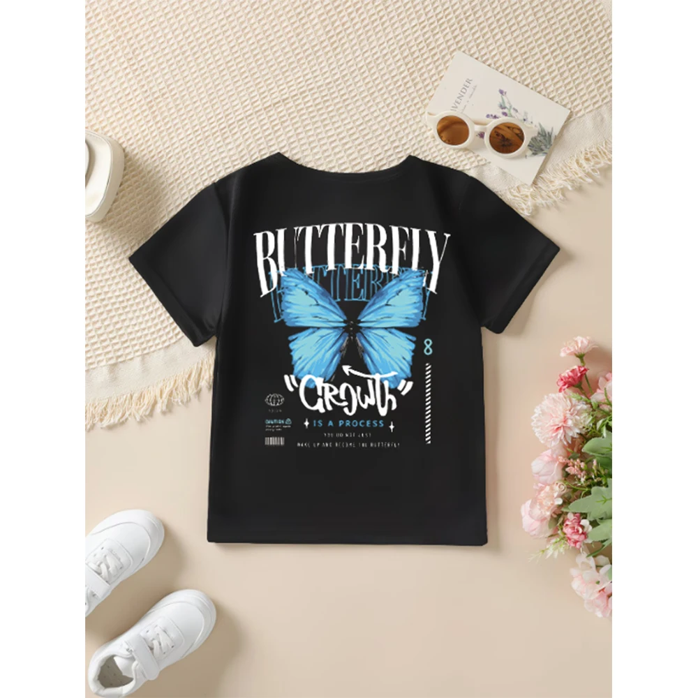 Children's Clothing Summer Casual Comfortable Elegant Letter Butterfly Print Picture Round Neck Short Sleeved T-Shirt Top
