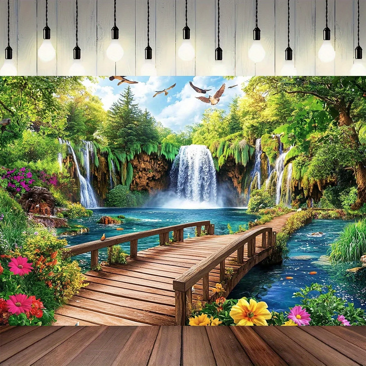 1 Stück 2D flacher natürlicher Landschafts-Polyester-Hintergrundstoff – Wasserfall, Holzbrücke und Walddesign, natürliche Dekoration