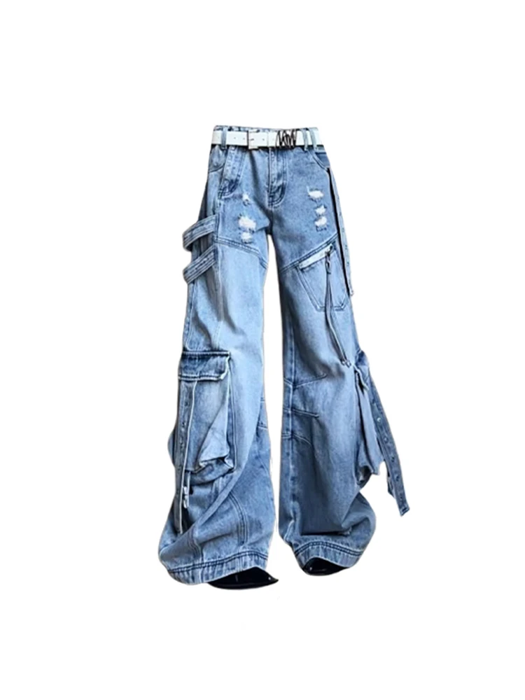 Women Blue Y2k Cargo Jeans Harajuku Oversize Ripped Denim Trousers Japanese 2000s Style Baggy Jean Pants Trashy Vintage Clothes