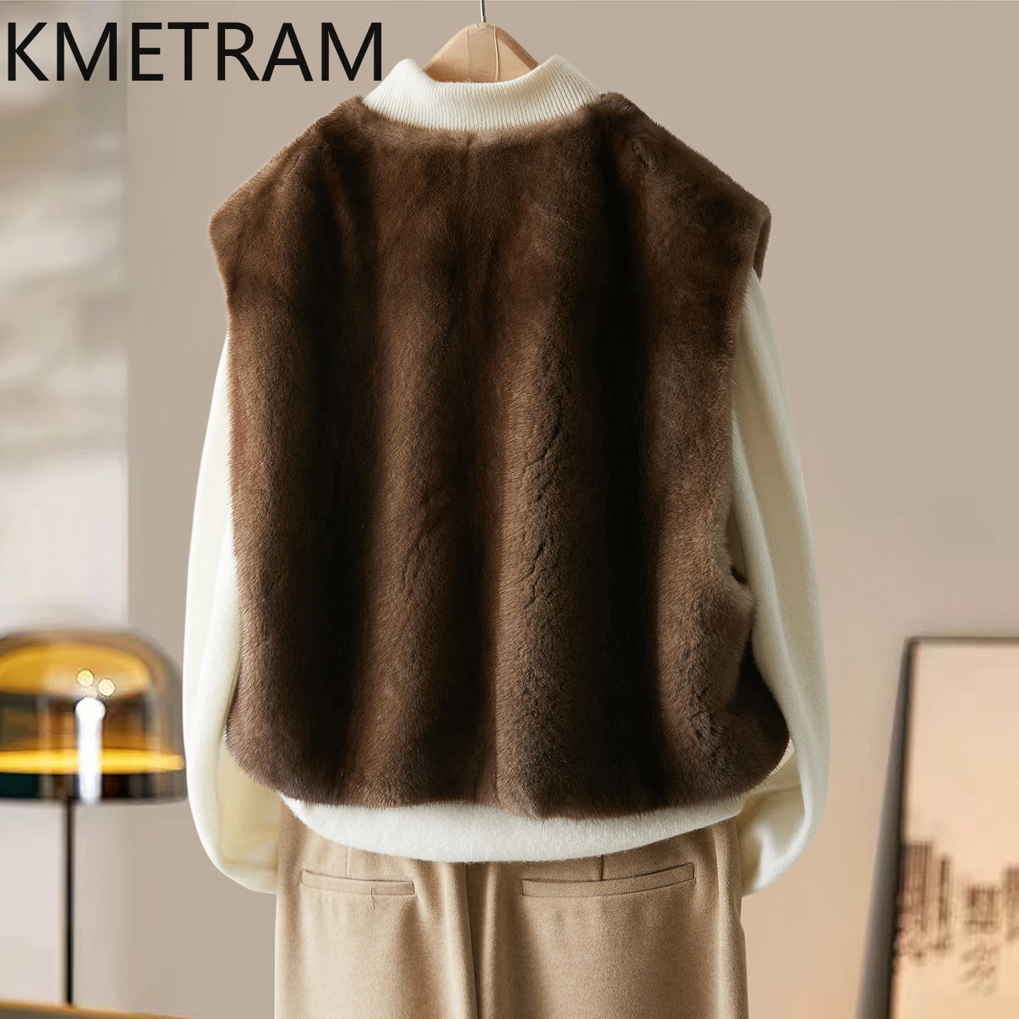 KMETRAM 100% سترة من فرو المنك الطبيعي بالكامل سترة من فراء القهوة بدون أكمام معاطف قصيرة للمرأة شتاء 2025 ملابس حريمي شوهبا نسائية #2
