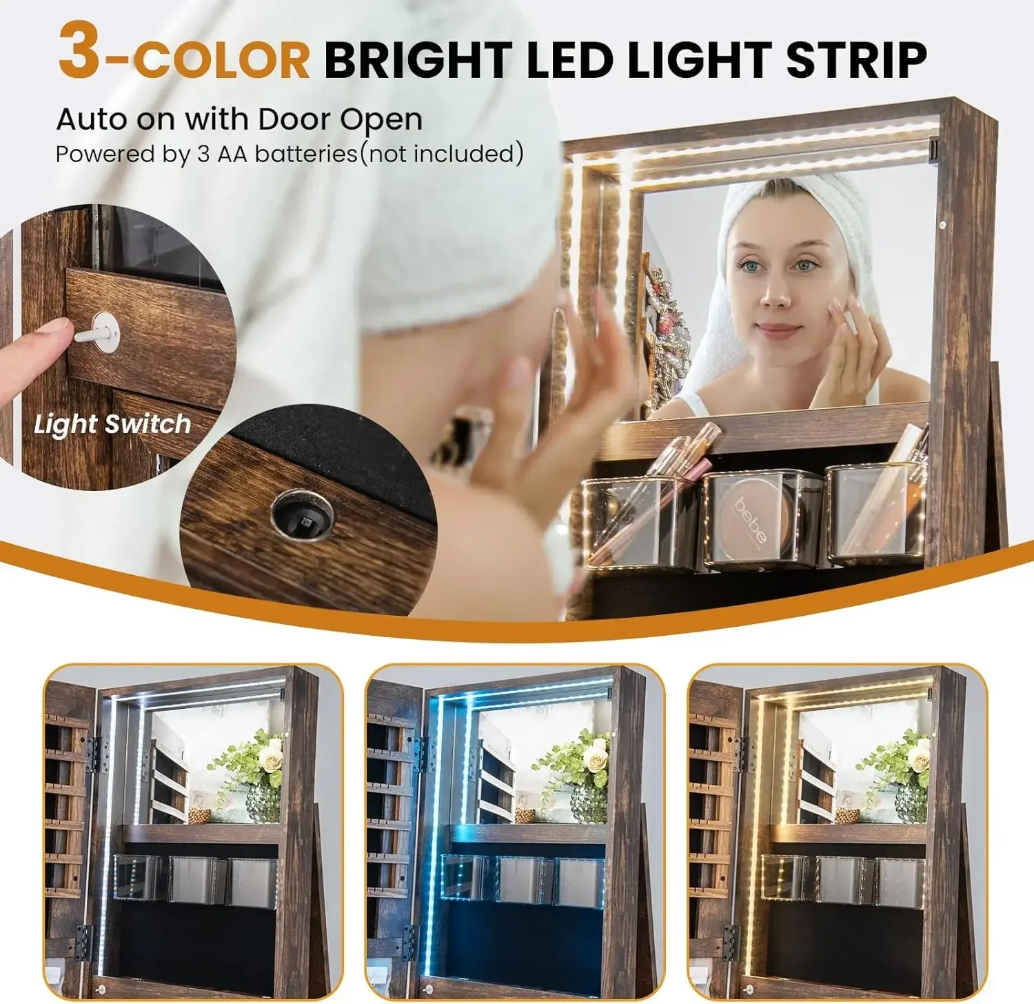 360° Rotating Jewelry Armoire, 3-in-1 Lockable Large Capacity Jewelry Organizer w/ 3 Color LED Lighting,