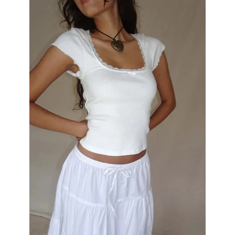 

y2k Vintage Baby Tee Cottage Lace Trim Knitted T-Shirt Summer Square Neck Short Sleeve Tee Shirt Women White Milkmaid Crop Top