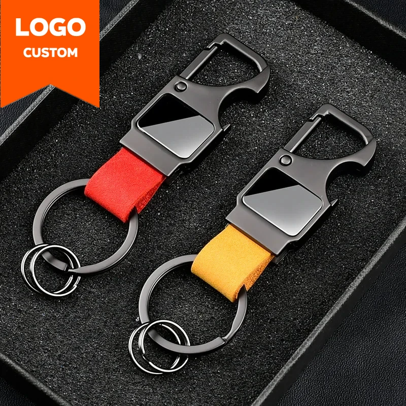 Laser Custom Cowhide Bottle Openr Leather Metal Keychain Multifunctional Key Chain Laser Engrave Car Keyring  for Men and Women