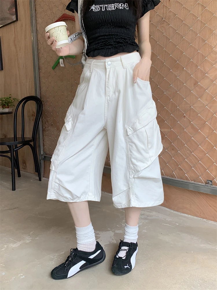 

High Waist Wide Leg Jeans Women's Loose Fit Pocket Detail High Waist White Summer Versatile Casual Denim Pants Ladies