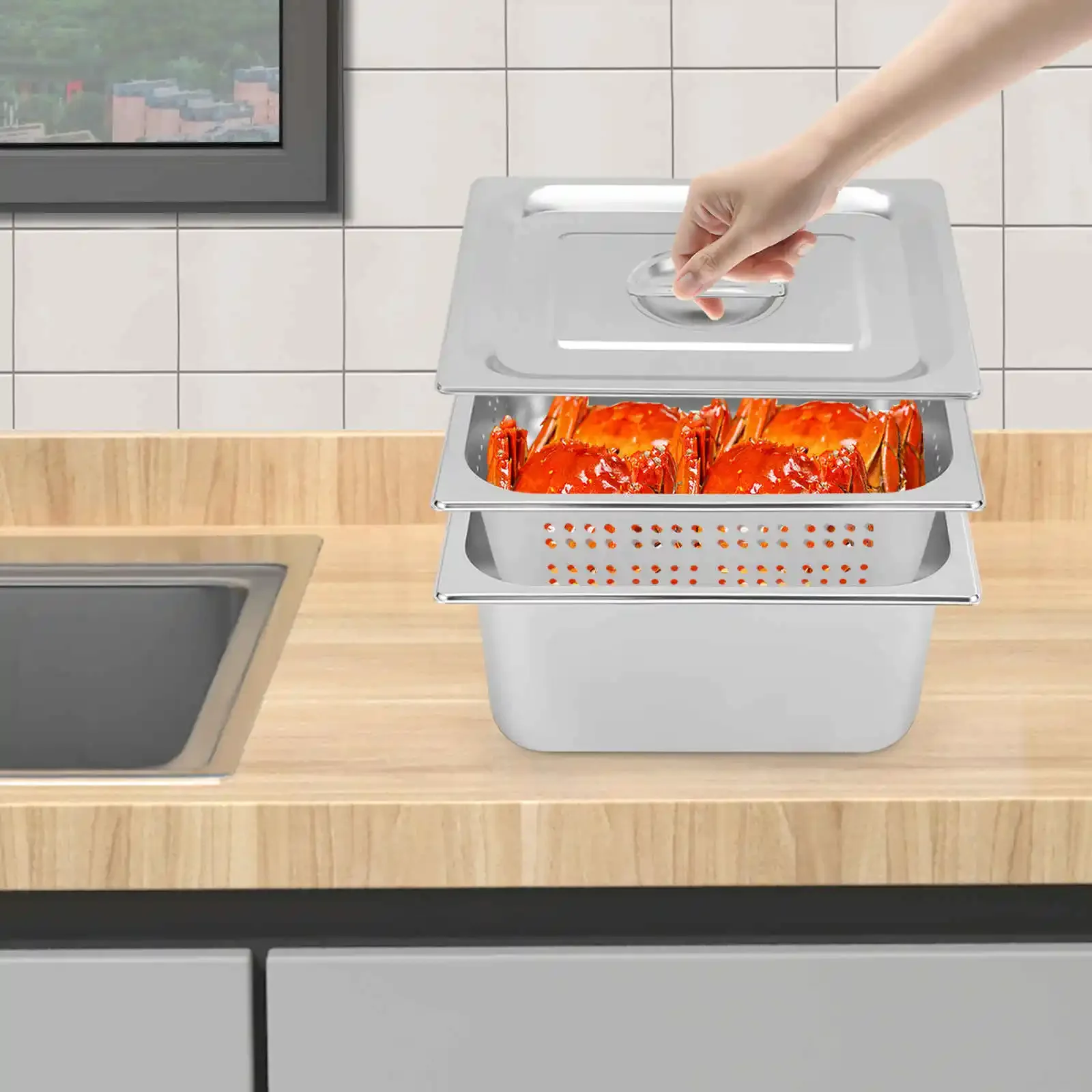 

Набор готельных кастрюль размером 1/2, 3 предмета, перфорированная паровая сковорода из нержавеющей стали с крышкой, 4 дюйма, 6 дюймов, для хранения согрева еды