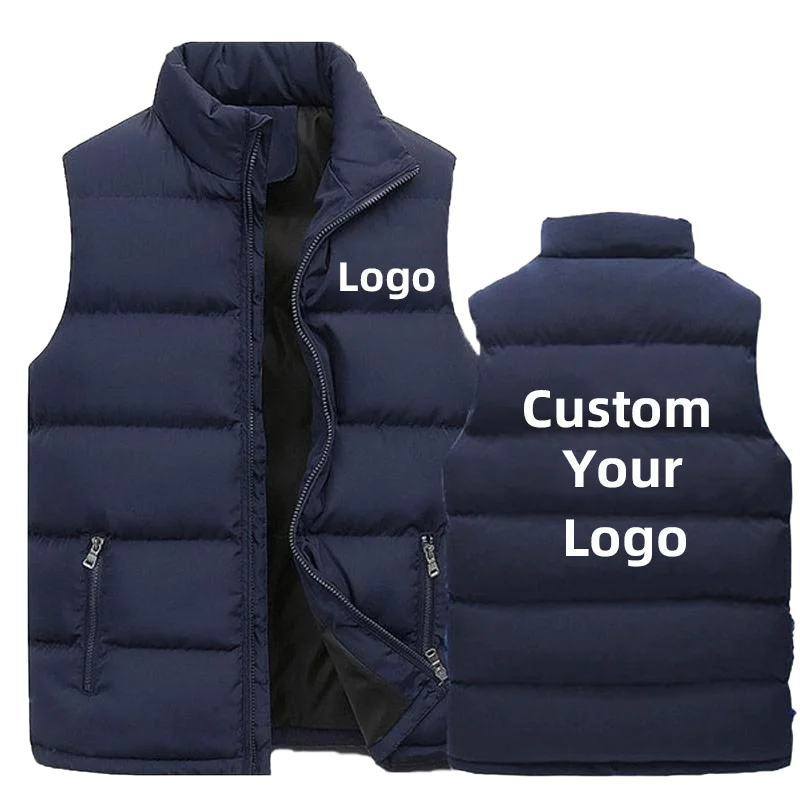 Customise your logoMen Waistcoat Down Jacket Autumn Winter Thick Stand Collar Sleeveless Coats & Jackets Solid Color Cotton Vest