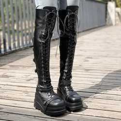 Women's Knee High Lace Up Chunky Boots Platform Round Toe Wedge Heeled Boots Punk Style Shoes Women's Footwear