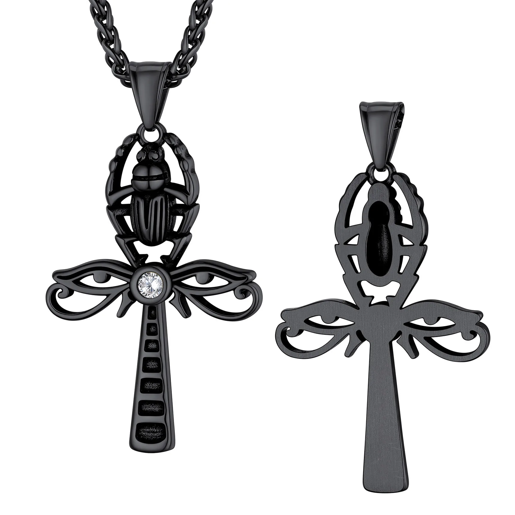 The Eye of Horus Scarab Egyptian Cross Necklace Stainless Steel Pendant +22 Inches Wheat Chain Amulet Symbol Jewelry Gift