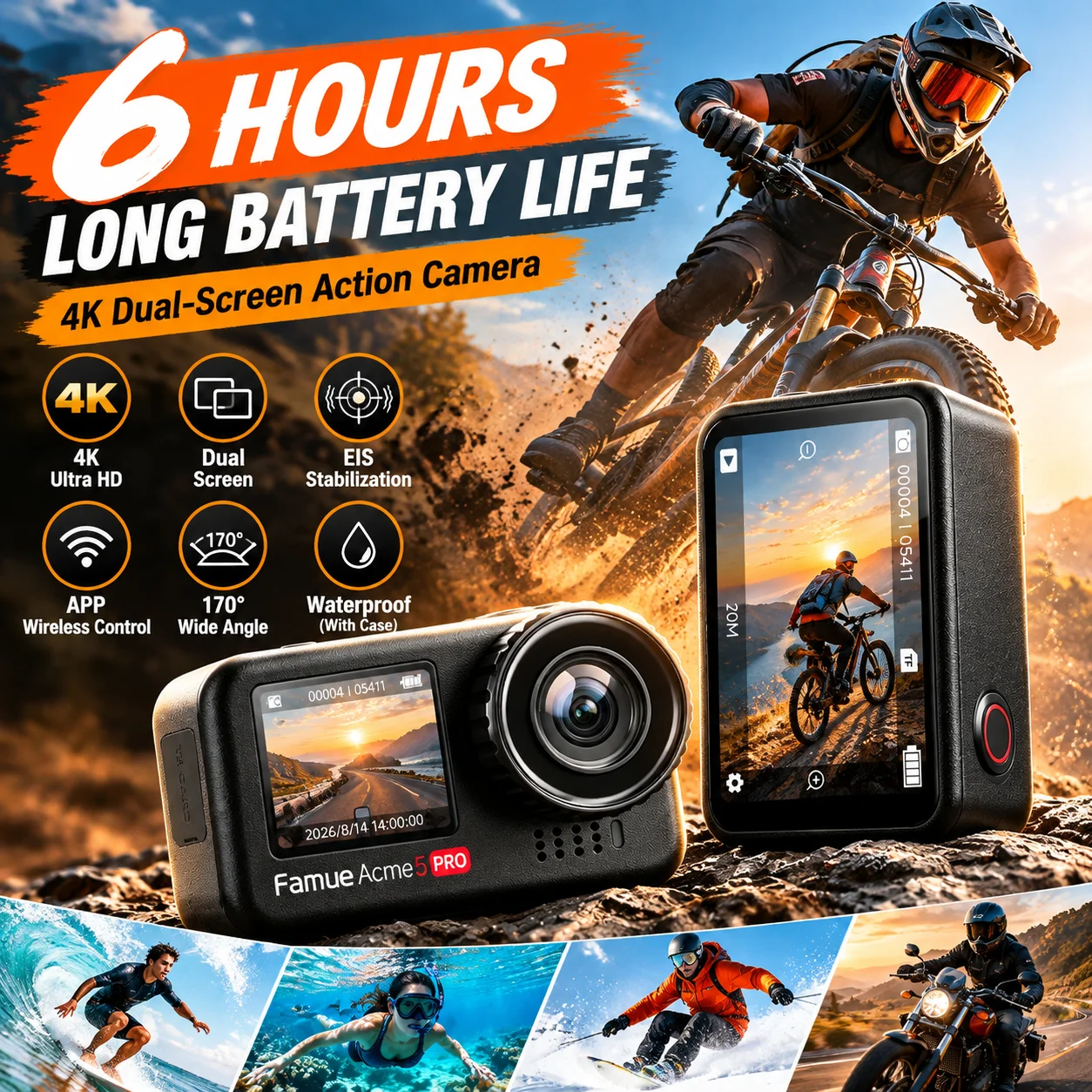Body Camera 4K Action Cam Wearable Dual Screen 133° Wide Angle Horizon Lock 8X Zoom 320Min Waterproof Case Famue Acme 5 PRO