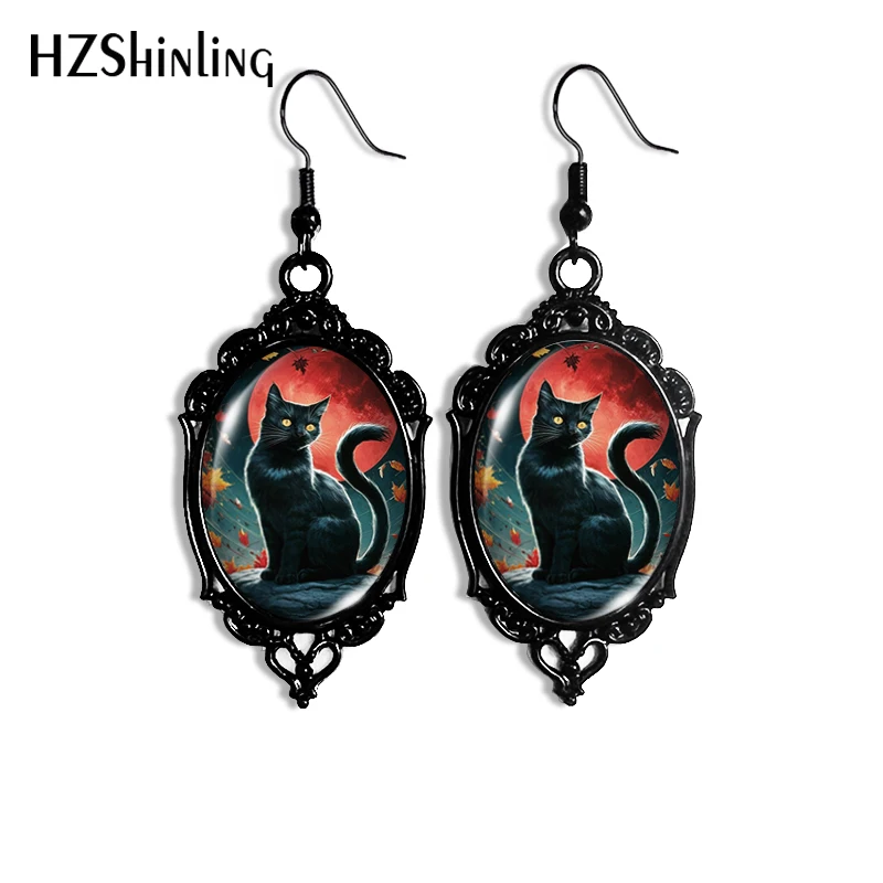 2024 New Green Moon Cat Dangle Earring Halloween Black Lace Earrings Oval Glass Photo Jewelry Gifts Party