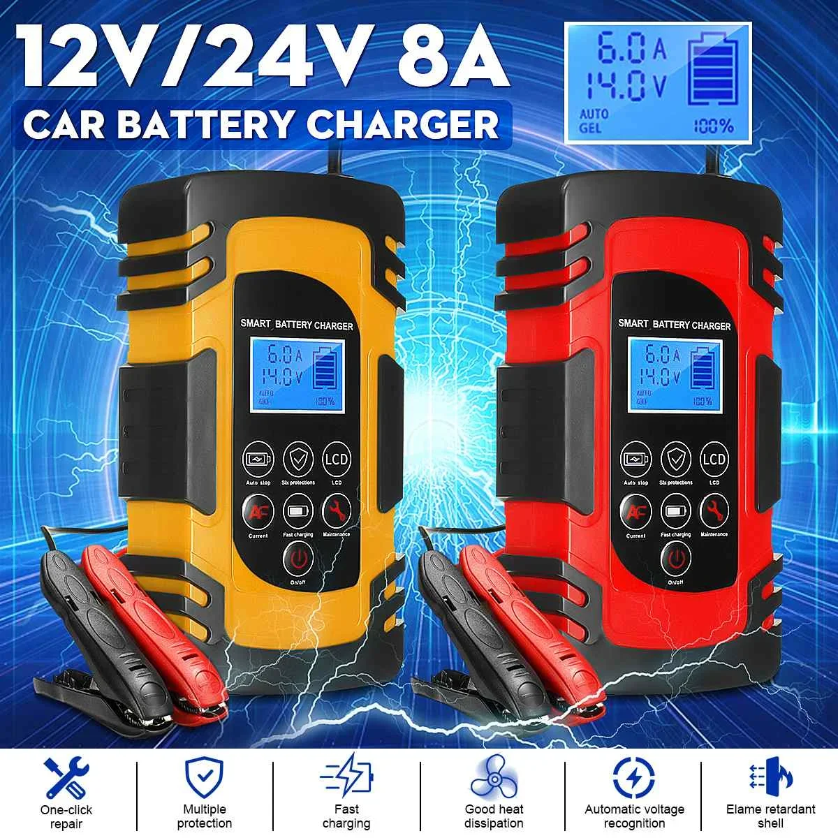 

12V-24V 8A Full Automatic Car Battery Charger Touchable Pulse Repair LCD Battery Charger Wet Dry Car Motorcycle Lead Acid Batt