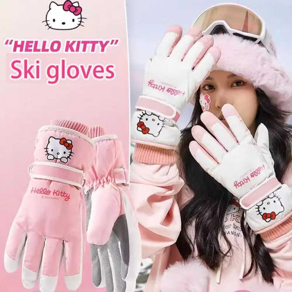 Sanrios Cinnamoroll Touch Screen Ski Gloves Kawaii Anime Hello Kitty Winter Outdoor Riding Student Thickened Plush Warm Gloves