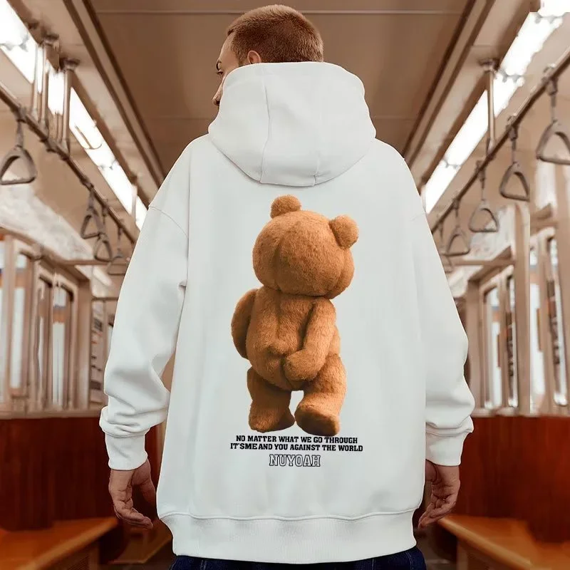 Autumn Funny Kawaii Bear Graphic Printed Pullover Hoodies Men Hip Hop Streetwear Pocket Hooded Sweatshirts Y2K Vintage Hoodie