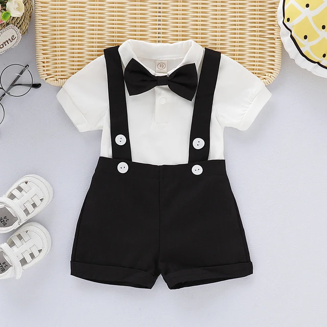 Mini roupa de cavalheiro para bebê recém-nascido menino trajes formais camisa de manga curta com laço + macacão calças curtas moda verão conjunto de 2 peças