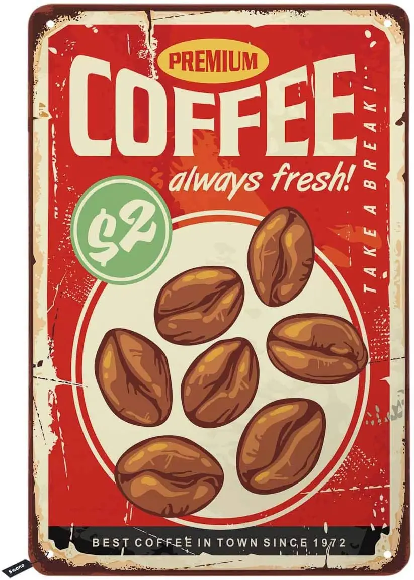 Swono Premium Coffee Tin Signs,Roasted Coffee Beans on Rusty Metal Red Background Vintage Metal Tin Sign For Men Women,Wall sign