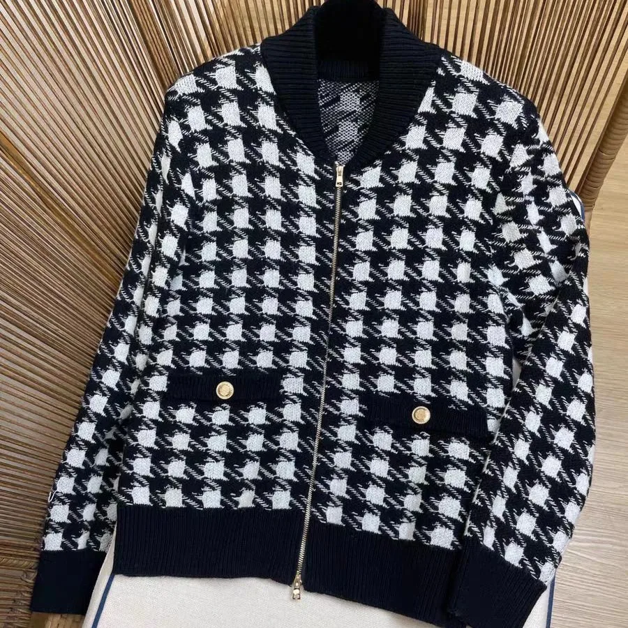 

2023 autumn and winter new wool thousand bird check color zipper knit cardigan coat female