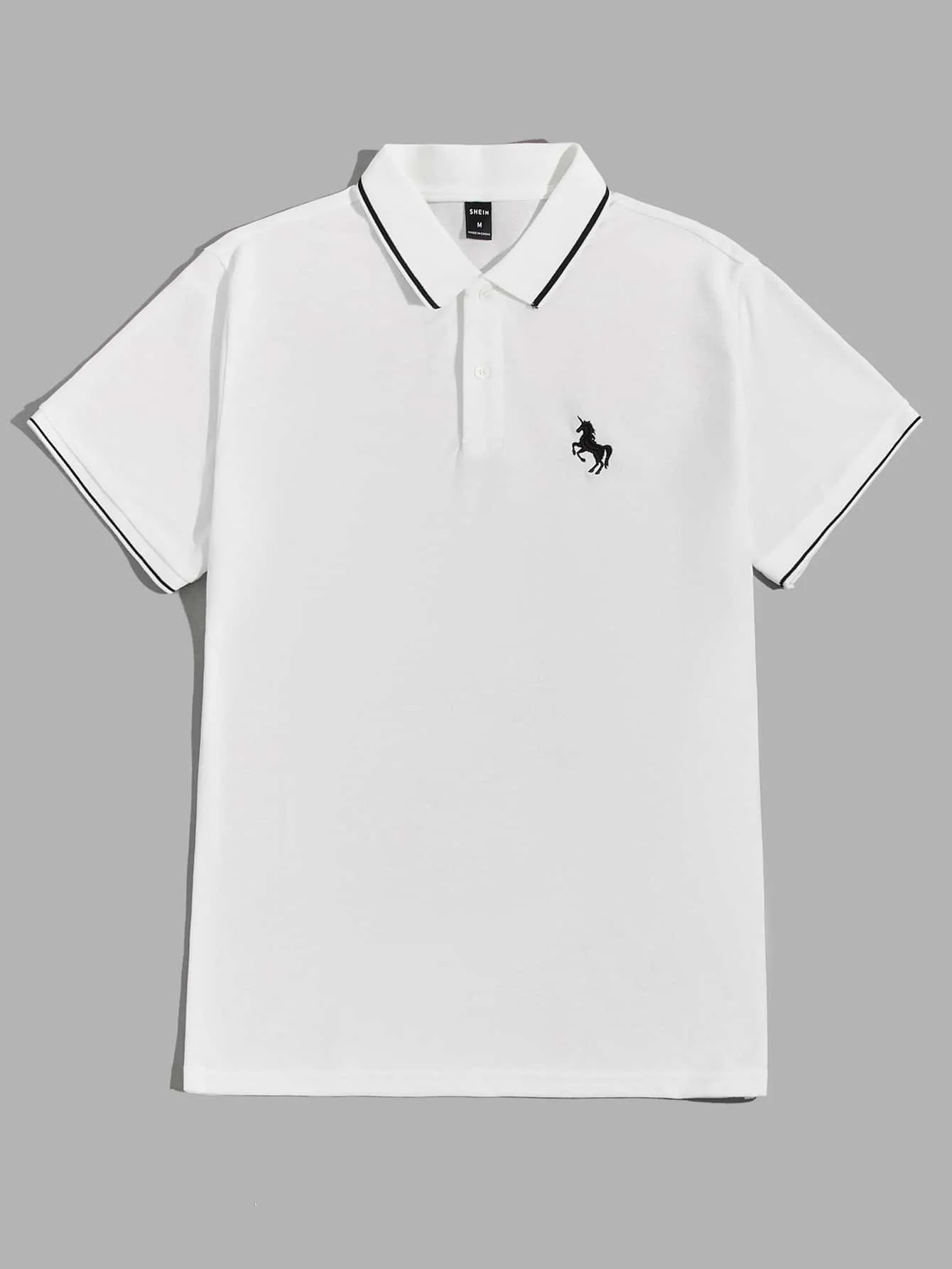 

Men's White Polo Shirt with Black Contrast Trim and Embroidered Horse Motif