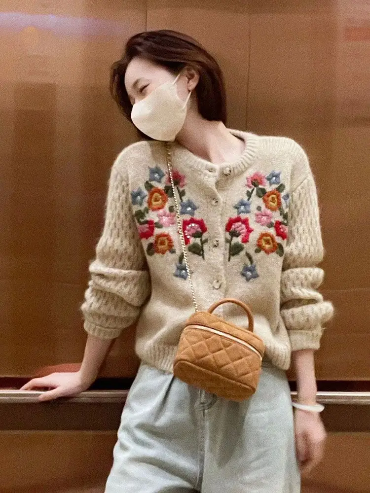 Kimotimo Embroidery Flower Knitted Sweater Coat Women Autumn Winter Vintage Long Sleeve Cropped Cardigan Harajuku Chic Knitwear