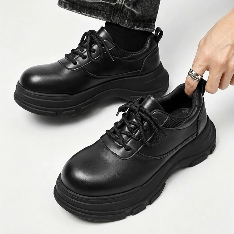 2026 New Autumn Men Casual Leather Shoes, Wide Toe Slip-on Loafers, Thick Sole Height Increasing Derby Daily Walking Footwear