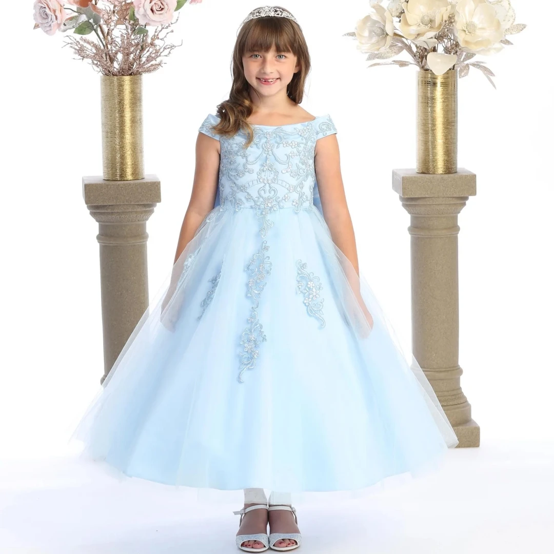 

Customized Sky Blue Flower Girl Dress Floral Appliques With Bow Short Sleeve For Wedding Birthday Party Banquet Pageant Gown